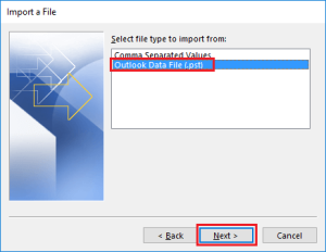 Select the outlook data file